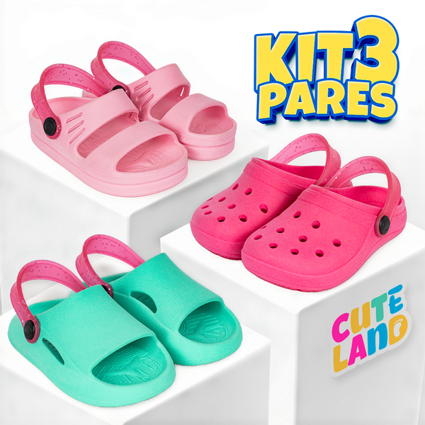 Kit 3 Pares de Sandálias e Babuches Infantis Femininos Cuteland Baby