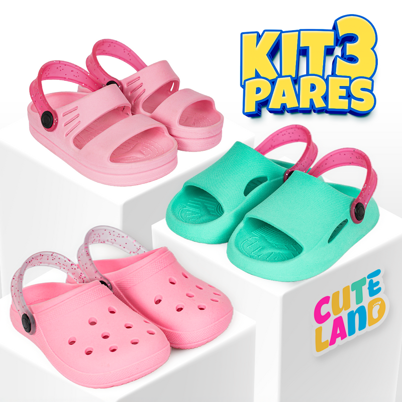 Kit 3 Pares de Sandálias e Babuches Infantis Femininos Cuteland Baby
